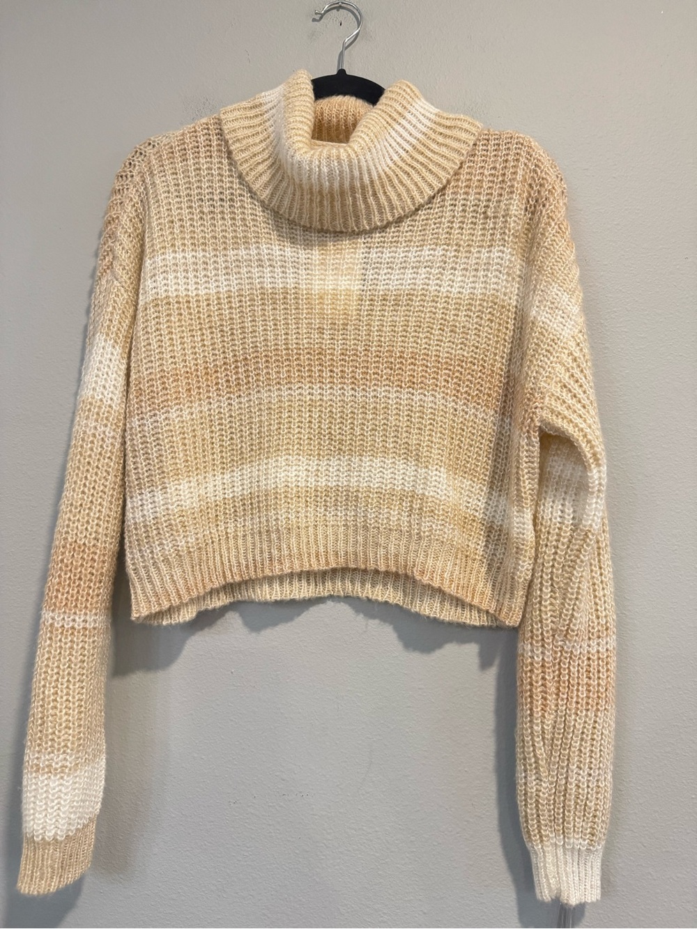 GB Cropped Knit Sweater Turtleneck Striped Neutral L NEW